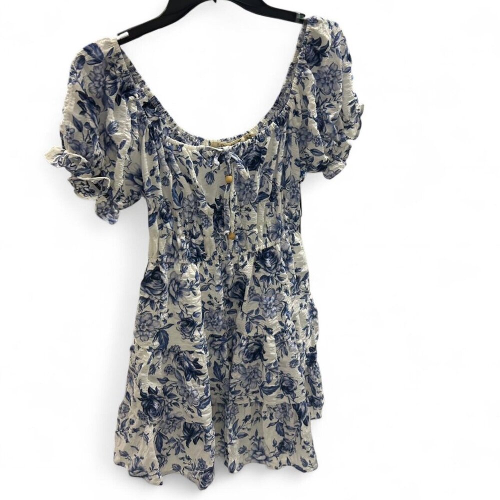 White & Blue Floral Babydoll Dress | Drawstring Neckline